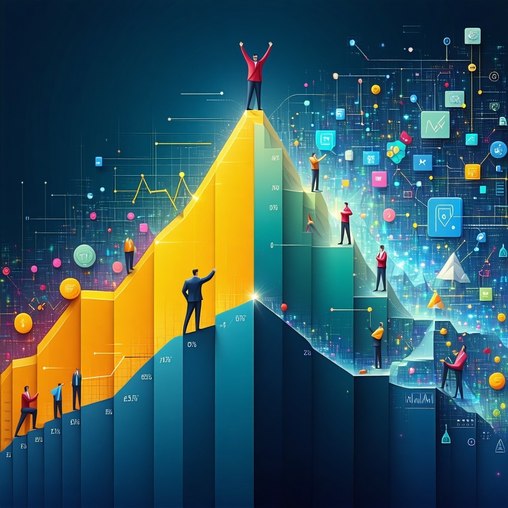 컬러풀한 막대 그래프 위에서 성공을 향해 올라가는 비즈니스 팀원들의 성장 여정