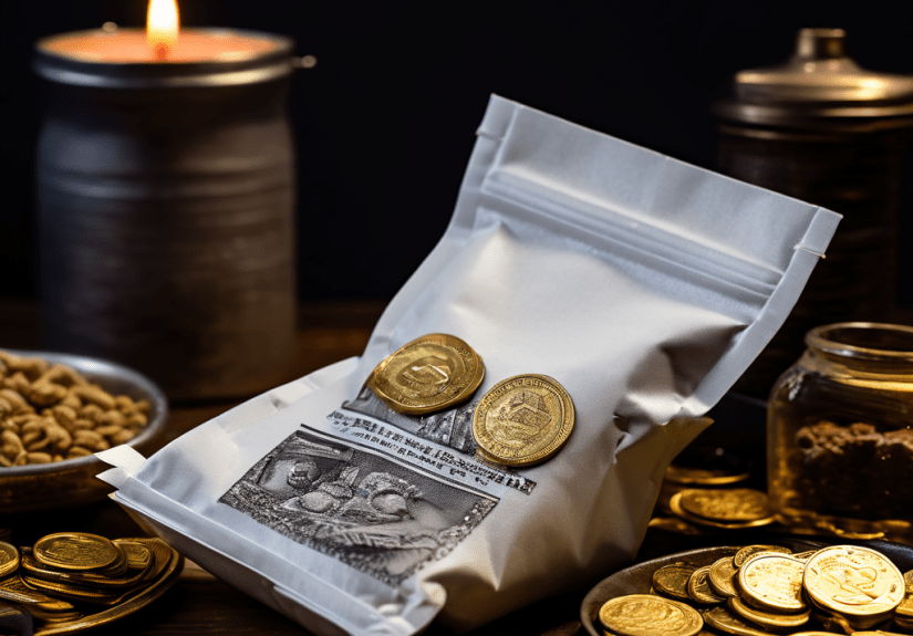 군용 MRE 가열 팩에서 수증기가 나오고, 옆에 놓인 동전과 양팔 저울 한쪽엔 편의를 다른 쪽엔 비용을 올려놓은 모습이다.