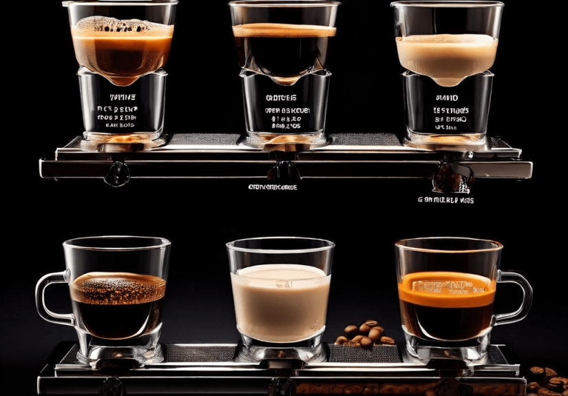 에스프레소, 룽고, 리스트레토의 추출 시간과 물의 양을 막대 그래프로 비교하고 각 커피의 샘플을 나란히 배치한 도식입니다.