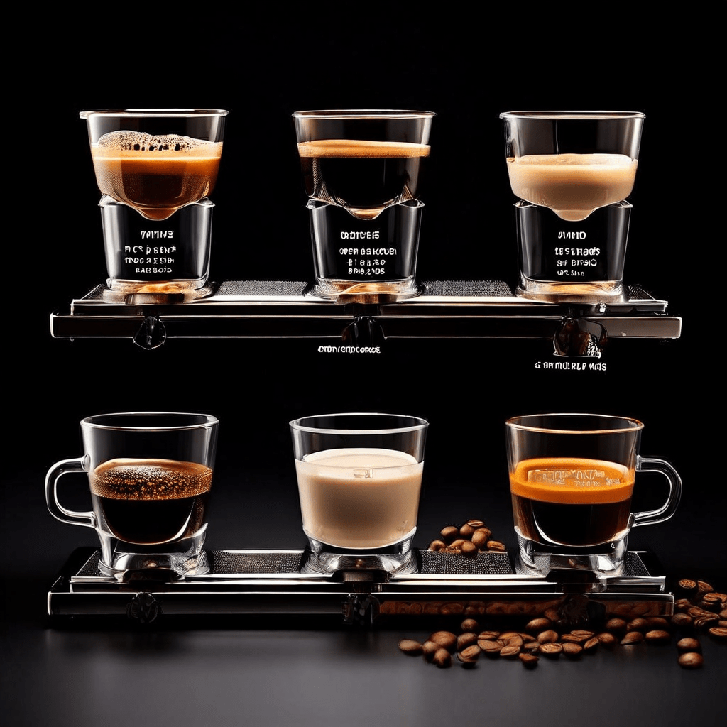 에스프레소, 룽고, 리스트레토의 추출 시간과 물의 양을 막대 그래프로 비교하고 각 커피의 샘플을 나란히 배치한 도식입니다.