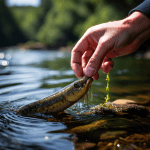 흐린 강물 아래 민물장어가 보이는 가운데 손으로 미끼 대신 살아있는 지렁이를 집는 모습이다.