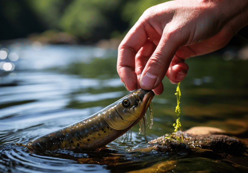 흐린 강물 아래 민물장어가 보이는 가운데 손으로 미끼 대신 살아있는 지렁이를 집는 모습이다.