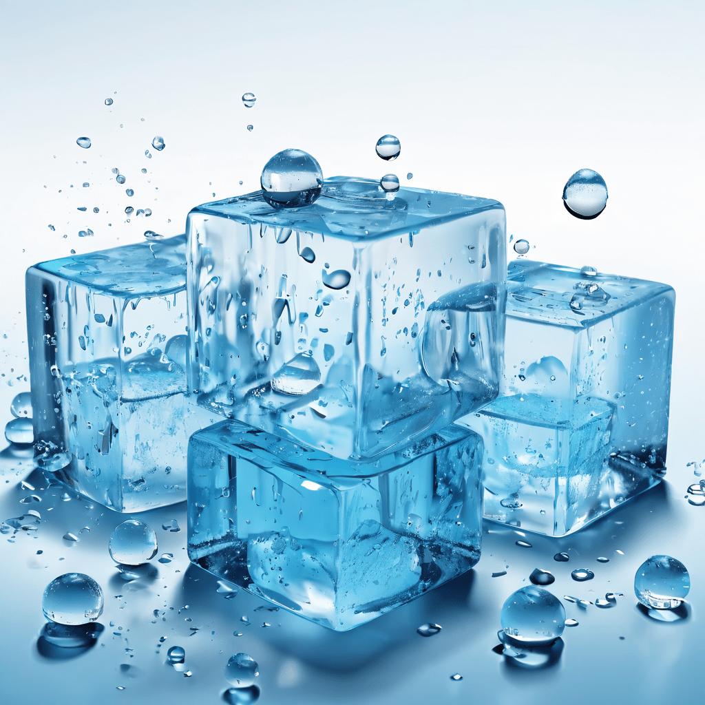 투명한 물속에 녹는 속도가 다른 정육면체, 구, 파편 모양의 얼음이 담긴 과학 실험 시각화 자료이다.