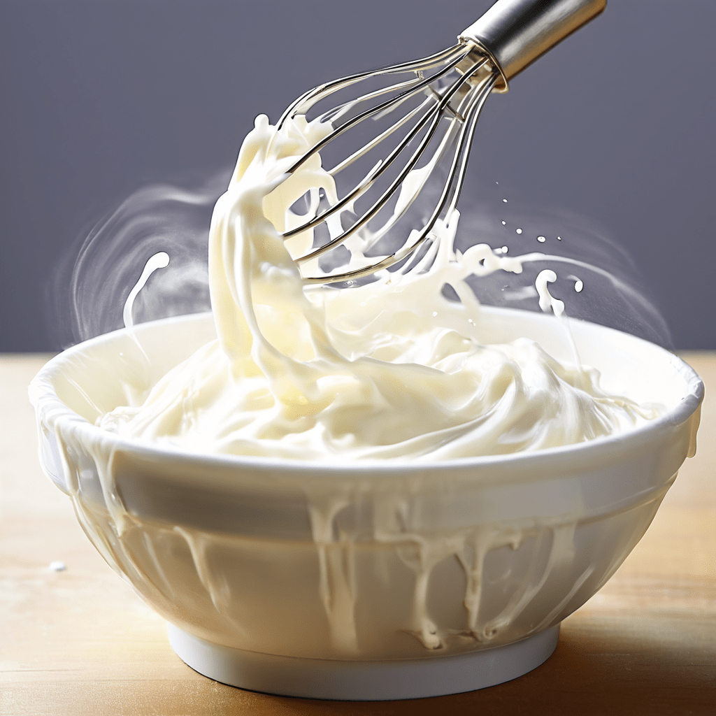 은색 그릇 안에 담긴 걸쭉한 크림을 기계식 거품기로 빠르게 휘저어 부드러운 거품을 내는 모습이다.