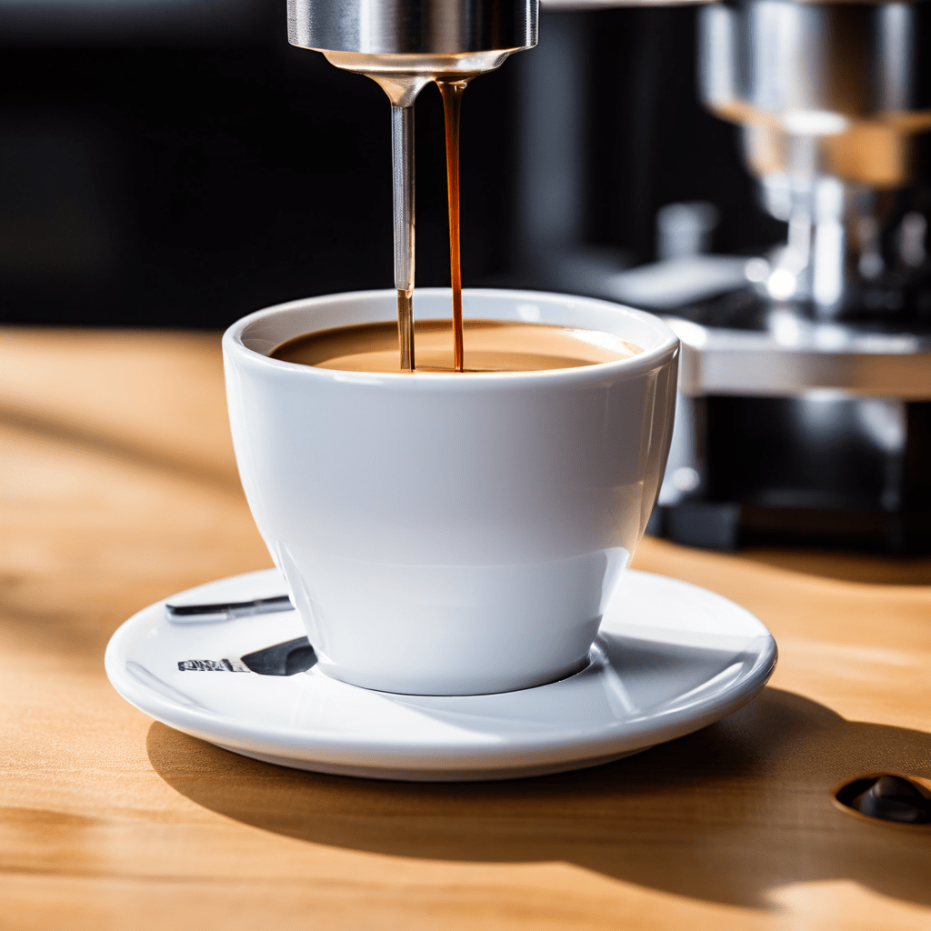 흰색 컵에 담긴 에스프레소 샷의 부피와 크레마를 자와 캘리퍼스로 정밀하게 측정하는 모습이다.