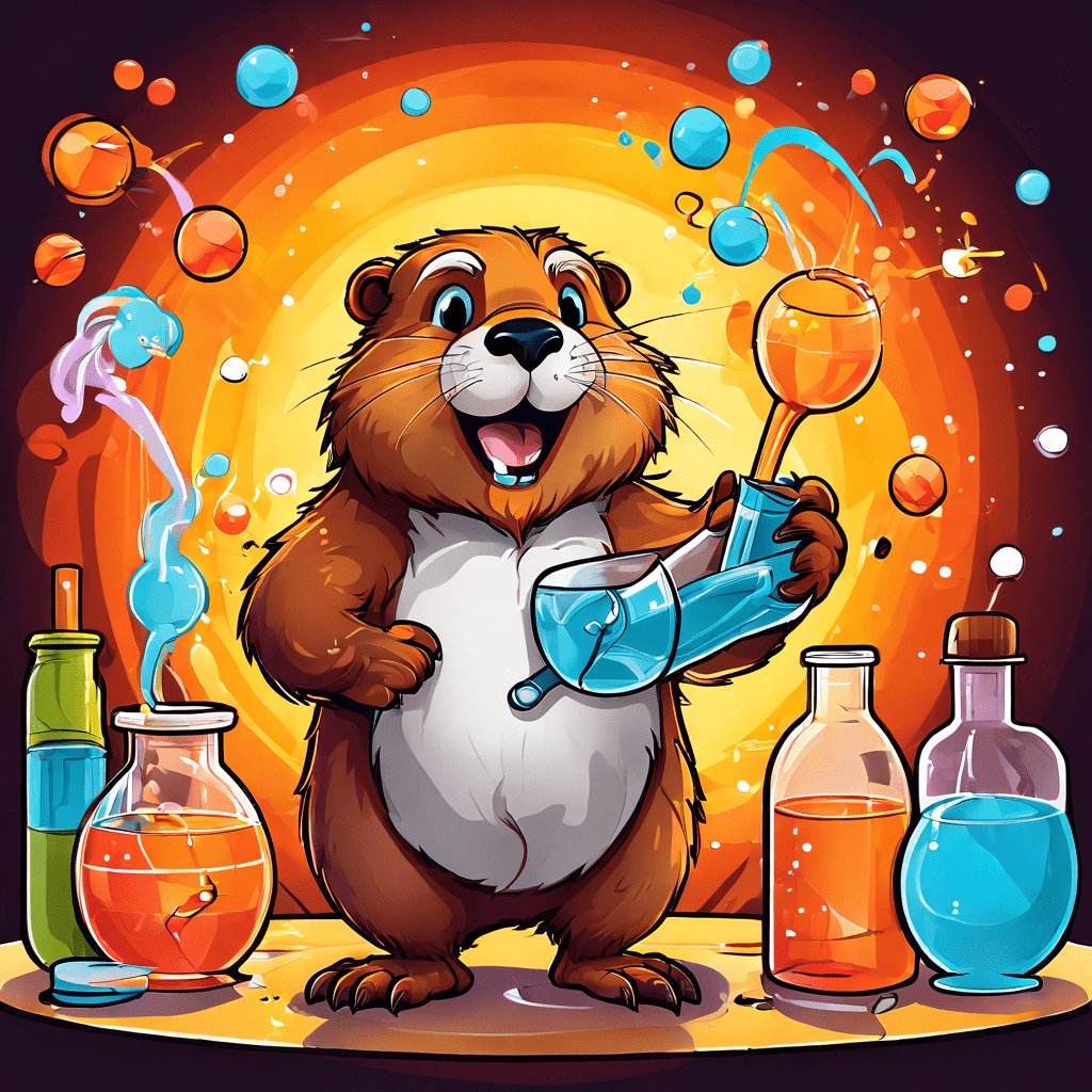 만화 비버 탕탕이 망치로 비커를 두드리자 화려한 색상의 분자들이 소용돌이치는 화학 반응이 일어나는 모습이다.