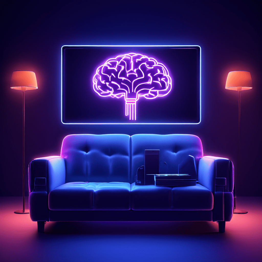 휴식을 취하며 소파에 누운 뇌가 단순한 선택을 하는 군중을 보여주는 화면을 지켜보고 있으며, 이는 정보 과잉 시대의 효율적인 의사 결정 방식을 상징적으로 표현한 이미지입니다.