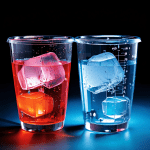 편의점 컵에 담긴 큰 구형 얼음과 작은 각진 얼음의 용해 속도와 음료 잔량 차이를 그래픽으로 비교한 분할 이미지이다.