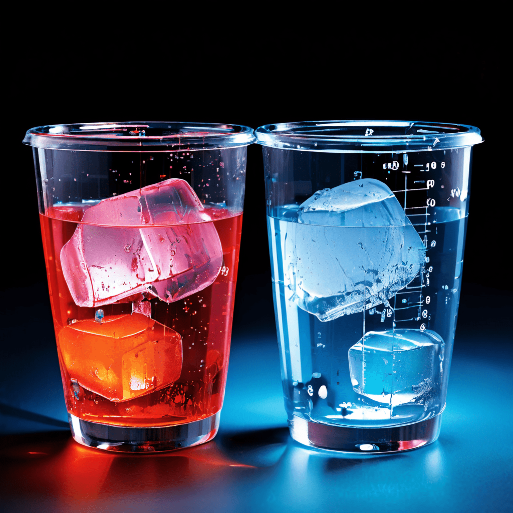 편의점 컵에 담긴 큰 구형 얼음과 작은 각진 얼음의 용해 속도와 음료 잔량 차이를 그래픽으로 비교한 분할 이미지이다.