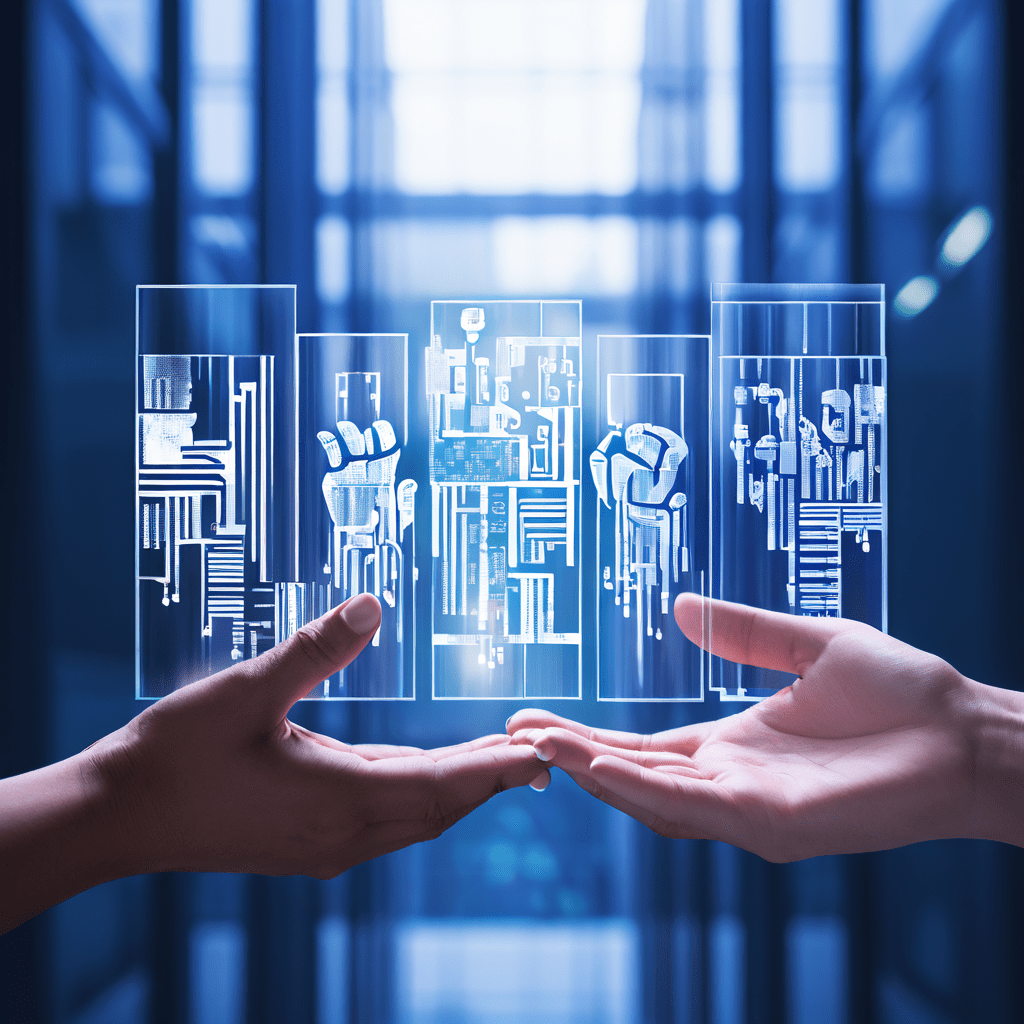 투명하고 유령처럼 스며드는 바코드나 브랜드 마크가 다양한 인간의 손과 사무실 건물, 사회 구조에 찍혀 보이지 않는 사회적 꼬리표가 어떻게 만연하는지를 상징적으로 보여주는 개념 이미지입니다.