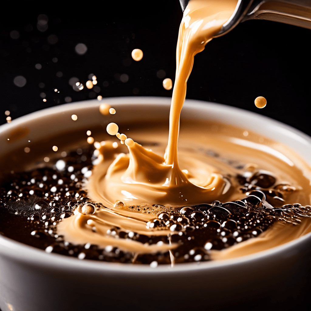 진한 에스프레소에 유백색의 매끈한 밀크 폼이 소용돌이치며 섞여 들어가는 모습이다.