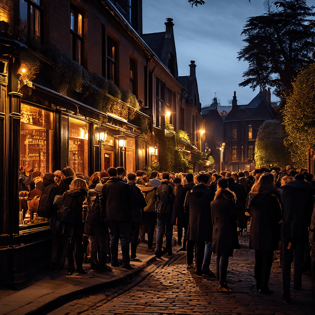해질녘 따뜻한 조명이 비추는 인기 레스토랑 밖에 길게 늘어선 사람들이 입장을 기다리며 활기찬 분위기를 보여주는 이미지입니다.