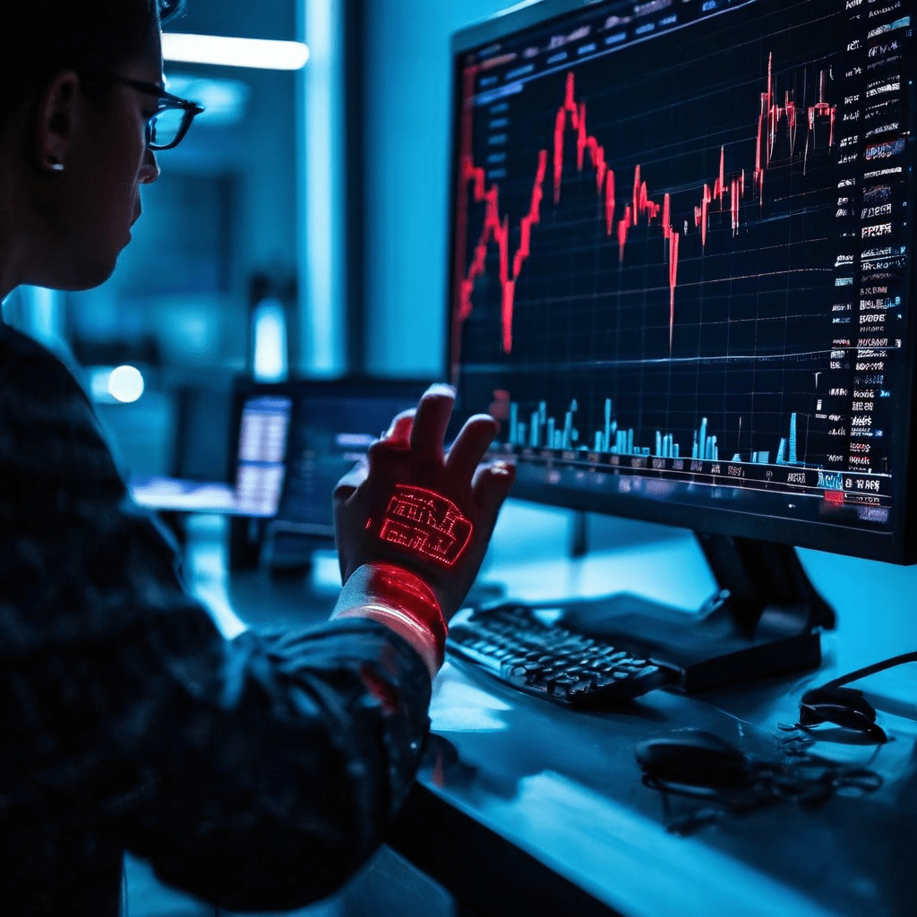 손목을 묶고 있는 '처분효과'라고 적힌 유령 같은 쇠사슬로 인해 주식 매도 버튼을 누르지 못하고 붉은색으로 급락하는 주식 차트를 바라보며 멈춰 선 사람의 모습을 묘사한 일러스트입니다.