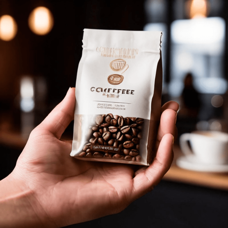 검은색 배경 앞에 내밀어진 손 위에 놓인 단일 커피 콩이 선명하며, 뒤로는 고급 커피 봉지와 가격표가 흐릿하게 보입니다.