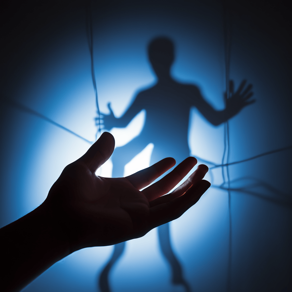 개인의 그림자가 자신의 손에 새겨진 빛나는 브랜드 마크에 조종당하는 인형의 줄로 변해가는 모습을 통해 현대 사회의 브랜드 종속성과 자아 정체성 상실을 은유적으로 표현한 이미지입니다.