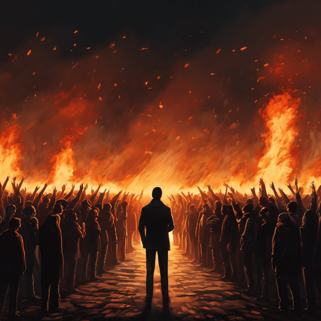 모두가 서로를 비난하며 책임을 전가하는 가운데, 가운데에 놓인 긴급한 과제는 방치된 채 불타고 있는 집단 심리와 업무 효율성 저하의 문제를 상징적으로 보여주는 이미지입니다.