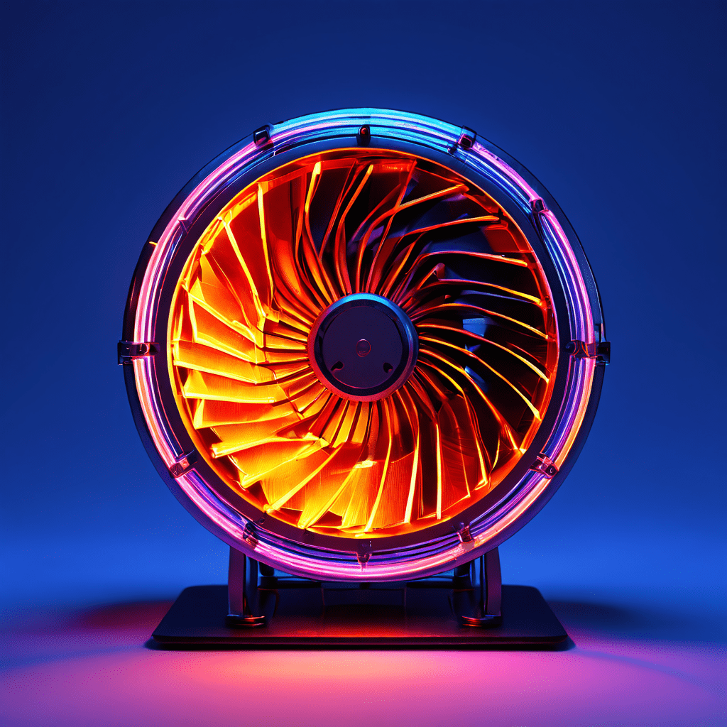 컴퓨터 팬의 단면에서 빛나는 열기가 전압선을 일그러뜨리며 소리 진동을 가시화한 모습이다.